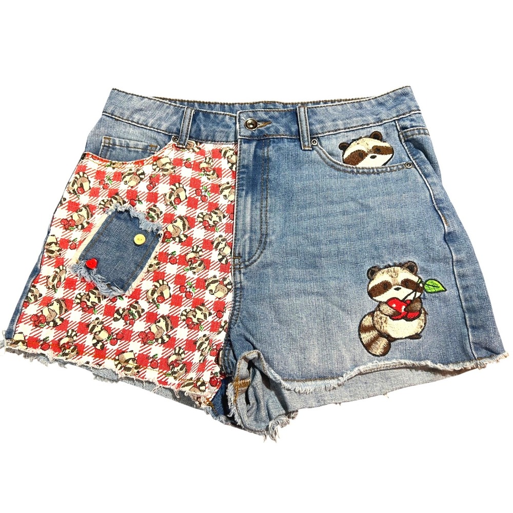 Hot Topic Thorn & Fable Raccoons Cherries Gingham Patch Denim Shorts Woodland